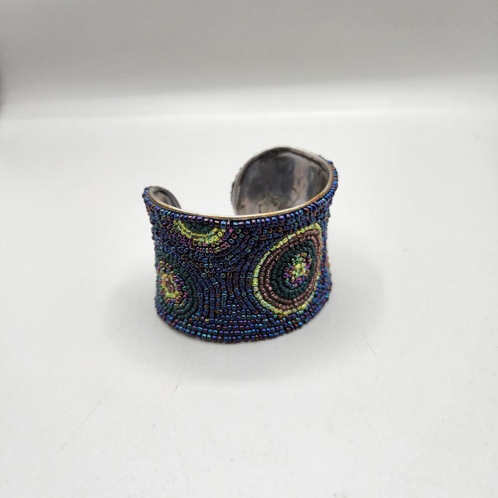 Seed Bead Peacock Toned Hammered Metal Bracelet Bangle Cuff 2" Adjusts to Fit